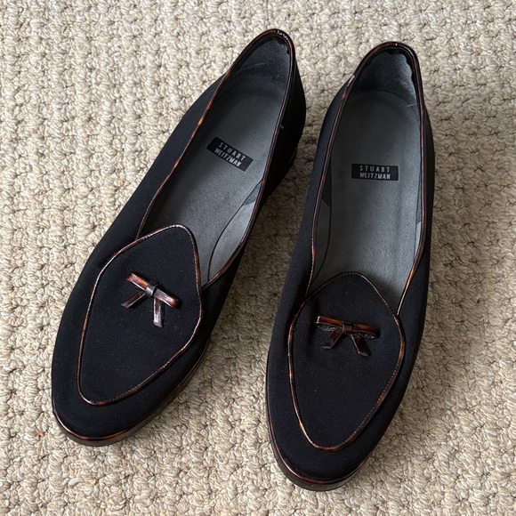 Vintage Stuart Weitzman Black Pointed Toe Loafters Tortise Shell Bow Details - Picture 1 of 7